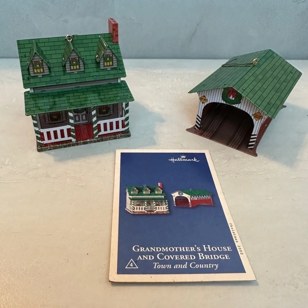 2002 Hallmark Pressed Tin Christmas Ornaments Grandmother House Covered Bridge